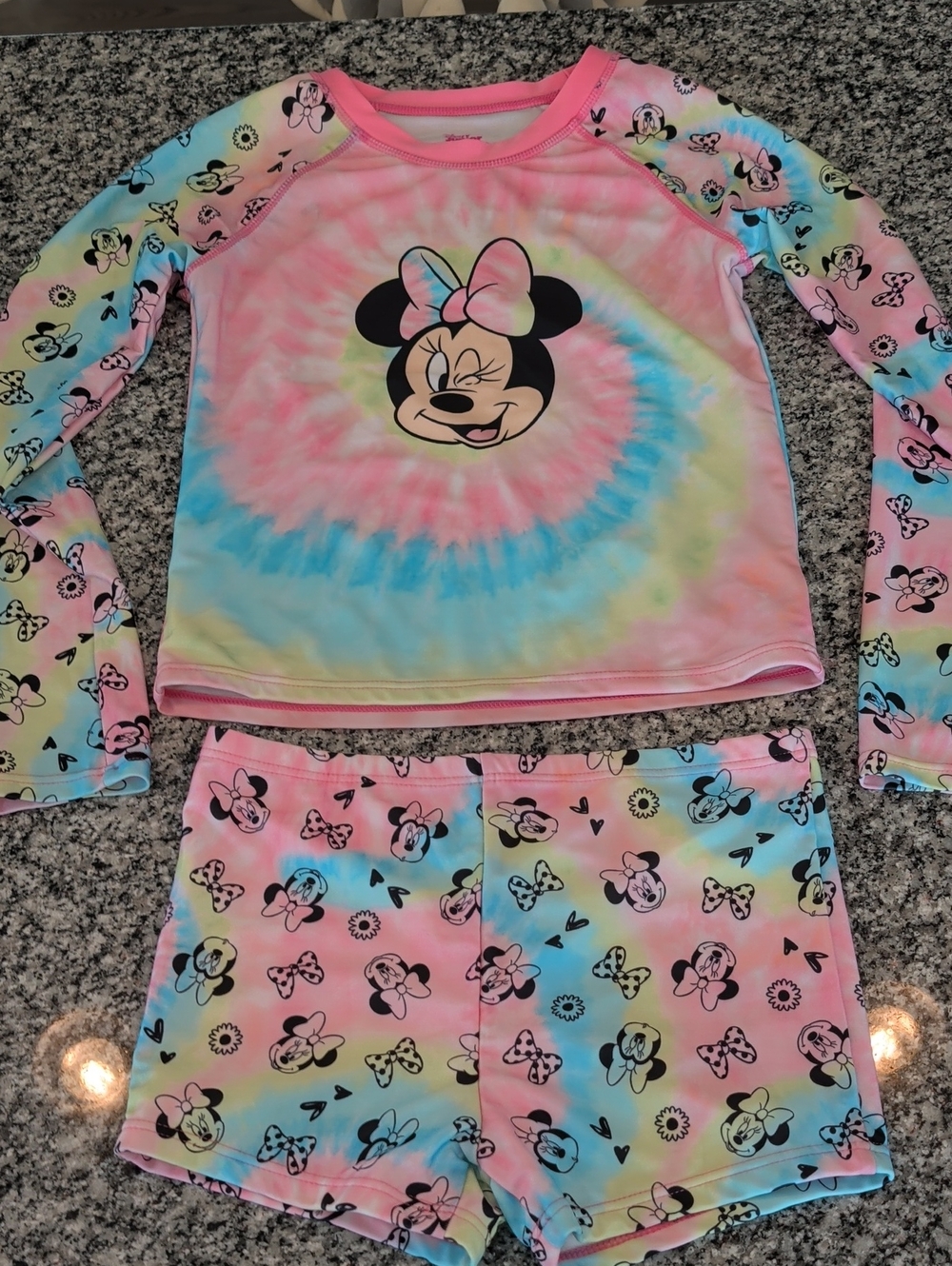 Disney Minnie Mouse Girls' Tie-Dye Pink and Pastel Rash Guard Pajama Set